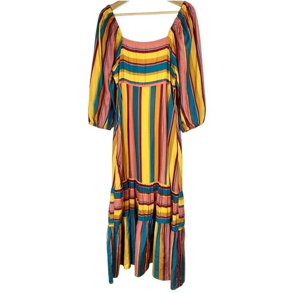 Farm Rio x Anthropologie Sz Small Maxi Dress Stripe Coastal Tropical Puff Sleeve - Picture 7 of 8